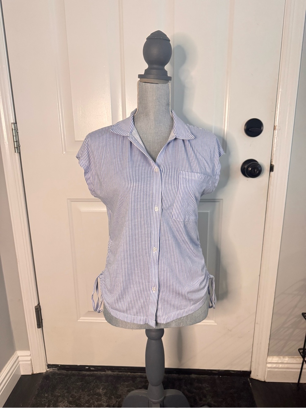 Blue & White Striped Cap Sleeve Button-Down Top